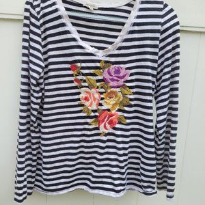 Boston Proper Black-striped, long-sleeved embroidered top (size L)